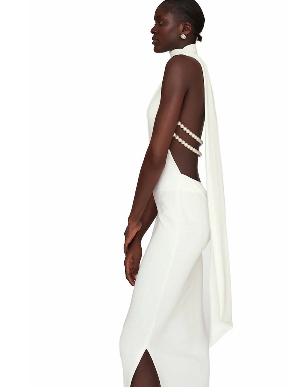 Backless High-Neck White Dress with Pearl Strap Detail